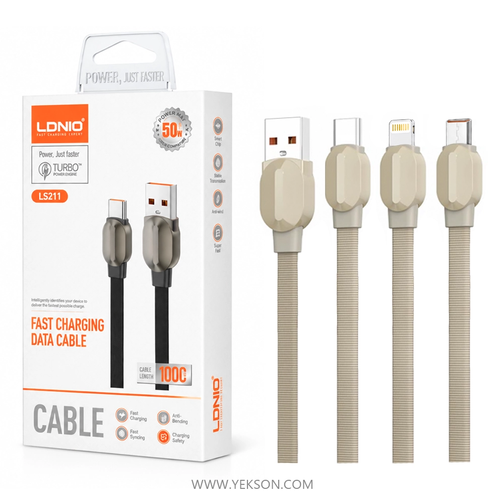 کابل شارژ الدینیو مدل LS211 با رابط میکرو USB، لایتنینگ و تایپ سی